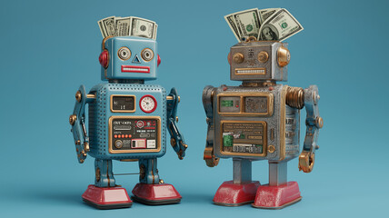 Two charming robots stand proudly, adorned with bills, embodying a whimsical world of wealth Generative AI