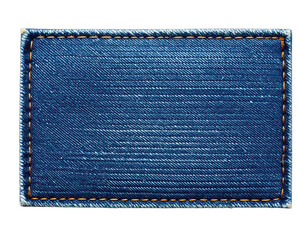 Blank rectangular blue denim patch with contrasting orange stitching isolated on black.