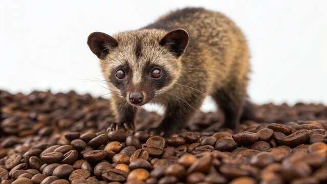 Close Up of Luwak Civet Standing on Coffee Beans Symbolizes the Concept of Luwak Coffee