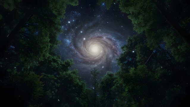 A swirling galaxy viewed through a dense forest canopy under a starry night sky