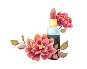 red lipstick in black case for makeup, floral arrangements. beauty product watercolor illustration isolated on transparent background, clip art elements