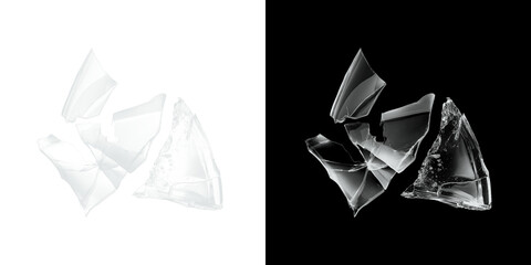 Shattered glass fragments on black and white backgrounds