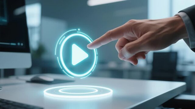 Hand interacts with futuristic play button hologram on desk showcasing live streaming video podcast technology for content creator broadcast record social media innovation online studio tools