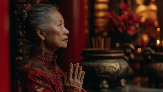 During the Lunar New Year, an Asian elderly woman wearing a crimson cheongsam qipao outfit makes a request to the ancestor god inside a Chinese Buddhist temple for blessings and good fortune.