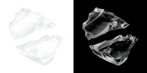 Shattered irregular pieces of broken clear glass isolated on transparent background