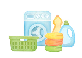 cleaning washing machine, bottles of washing gel, powder, folded clothes stack, laundry basket. bathroom cleaner, washing powder, detergent. watercolor illustration isolated on transparent background