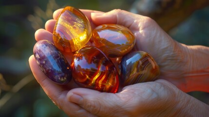 Close-up of Hands Cradling Smooth Colorful Tumbled Stones and Amber Pieces Outdoors