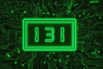 Glowing green number "131" set in a neon rectangle, on a digital circuit board background