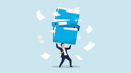 A man in a suit struggles to hold a towering, precarious stack of blue folders and loose pages over his head against a pale blue background, symbolizing the overwhelming burden of excessive paperwork