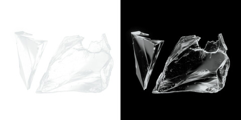 Shattered glass fragments on black and white backgrounds