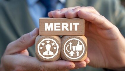 Business person holding wooden blocks sees the text MERIT. Merit Business and achievement concept. Demerit and merit evaluation,
