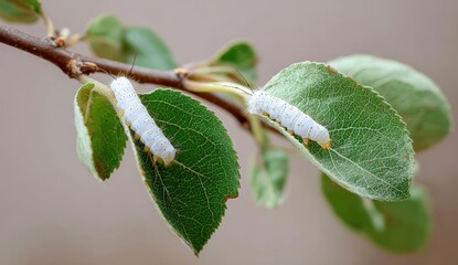 Two White Caterpillars Actively Feeding on Vibrant Green Leaves, Macro Nature Detail of Insect Life Cycle.