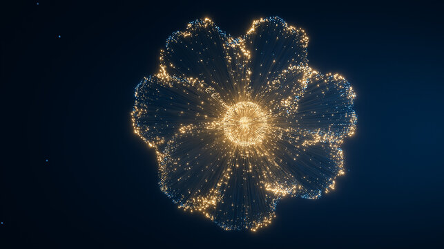 mesmerizing drone light show forming a glowing flower in the night sky, futuristic uav swarm creating a golden floral pattern, innovative aerial entertainment and technology concept