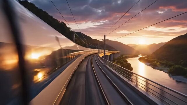 High speed train goes through valley at sunset. Concept of fast intercity transportation, connections and tourism across the country
