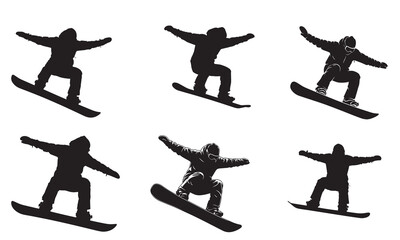 Collection of six snowboarder silhouettes in various dynamic jumping poses on white background.