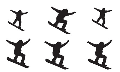 Collection of six snowboarder silhouettes in various dynamic jumping poses on white background.