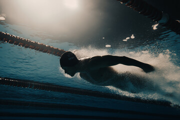 A swimmer propels forward effortlessly beneath the surface, creating ripples in the water Generative AI