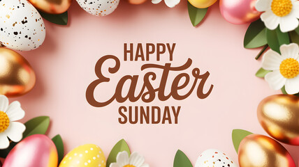 Easter sunday background with happy easter text and colorful eggs
