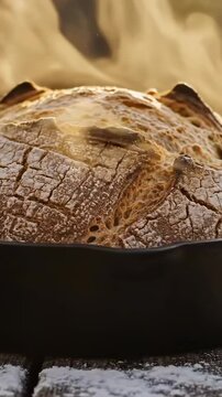 Fresh natural organic healthy baked bread in a cooking pan with steam coming out