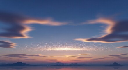 Obraz premium Distant horizon view reveals tranquil water reflecting colorful twilight clouds above rolling terrain.