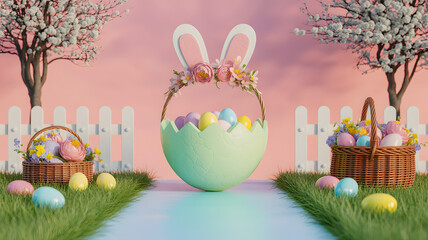 Easter sunday background with bunny ears and colorful eggs on a pink and green pathway