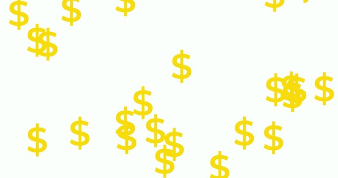 Golden dollar signs rain down and accumulate on a clean white background, symbolizing financial growth and prosperity. This dynamic animation represents wealth and success.