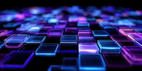 Obraz premium Glowing squares create a colorful, abstract pattern. The cubes vary in color with a blurred background
