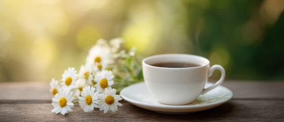 Fototapeta premium Chamomile tea cup saucer flower wooden table outdoor morning bokeh scene with white porcelain and herbal drink, calm mood and natural wellness, fresh bloom detail soft focus, peaceful garden view
