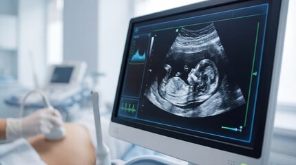 Hospital Displays Ultrasound Results of a Developing Fetus During Prenatal Check-Up in a Medical Office
