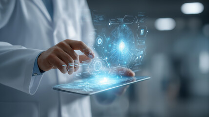 In a futuristic medical center, a doctor uses holographic info from a tablet Generative AI