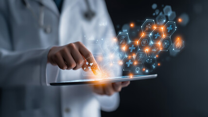 A doctor interacts with advanced holographic health data displayed on a tablet in a clinic Generative AI