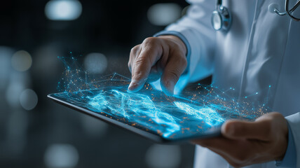 A physician uses a tablet to interact with holographic data in a bright clinic Generative AI