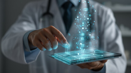 A skilled doctor interacts with a tablet showing floating holographic information in a clinic Generative AI