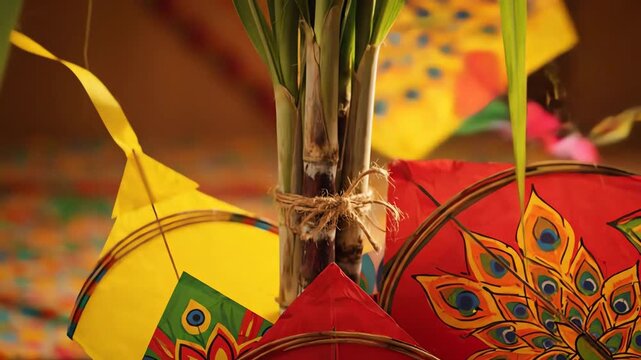 Close-up of vibrant cultural decorations featuring colorful kites, fresh sugarcane stalks, and ornate textile art, perfect for festive backgrounds and event promotions.