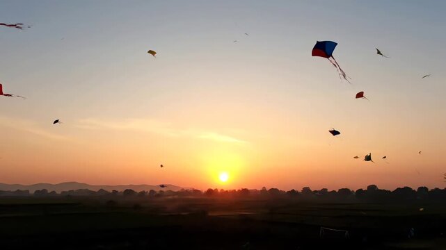 Kites Flying at Sunset Sky Colorful Sunset Over Landscape with Mountains.