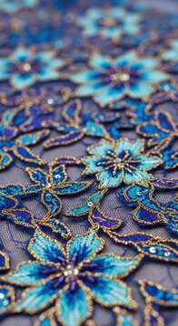Intricate floral beadwork decorates a sheer blue textile with dazzling embellishments.