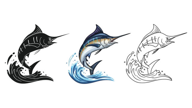 Set of three marlin fish jumping out of water in black silhouette, watercolor color, and line art styles