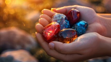 Glistening polished rubies and blue crystals held in hands during golden hour with warm light bokeh