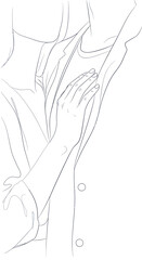 Hand holding sleeve of shirt or jacket.