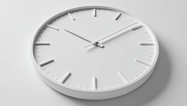 A close-up view of a minimalist, modern, white clock with hands pointing at 1010