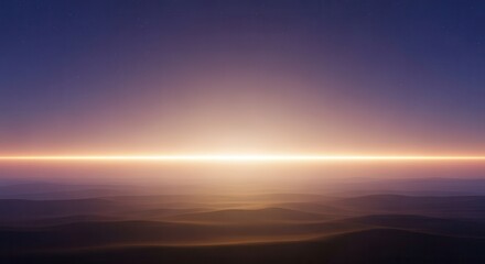 Bright horizontal light beam spans across a vast, undulating dark landscape under a twilight sky.