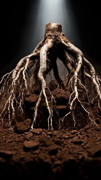 Dramatic Roots Emerging From Darkness, Illuminated by Spotlights in Earthy Tones