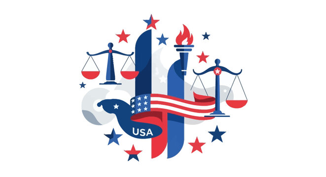 Patriotic USA elements icon with scales, torch, eagle, and American flag on a white background, symbolizing justice and freedom.