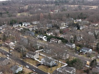 Suburban rooftops and quiet streets seen from above, leafless trees and a large undeveloped wood in the background evoke a peaceful, overcast winter neighborhood landscape