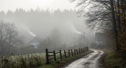 Obraz premium Countryside homes emerge from thick morning mist along a winding dirt road bordered by a wooden fence.