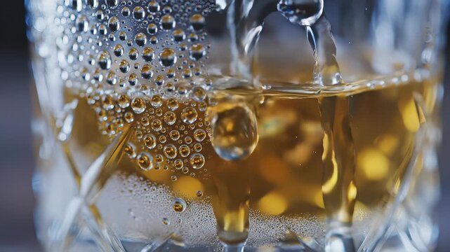 Close up of whiskey being poured into a glass with ice.
