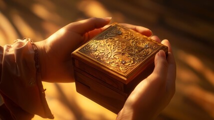 Close up of hands holding a small ornate carved wooden jewelry box with golden highlights