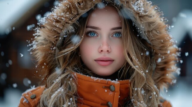 Portrait of a beautiful young woman with blue eyes wearing a fur trimmed hood in a winter snowfall