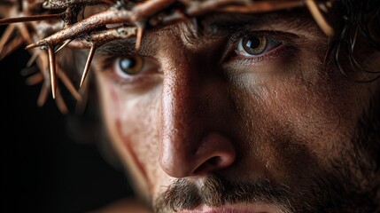 Close-Up of Man Wearing Crown of Thorns Representing Jesus