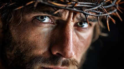 Intense Portrait of Man Wearing Crown of Thorns